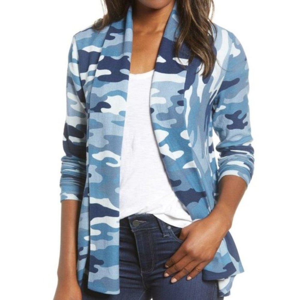 New Gibson Camo Print Soft Knit Open Front Cardigan Sweater Blue Multi Size XS